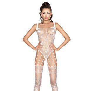 Бодістокінг Passion BS034 white, комбінезон, імітація боді і панчіх S/M/L