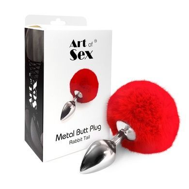 Анальная пробка М Art of Sex Metal Butt plug Rabbit Tail, Красный SO6963 фото