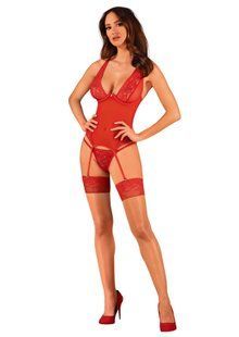 Прозорий корсет Obsessive Lacelove corset XS/S Red, мереживо, підв&rsquo;язки для панчіх