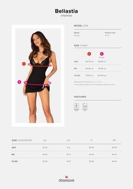 Пеньюар Obsessive Bellastia chemise & thong XS/S, непрозрачный, фигурное декольте, стринги в наборе