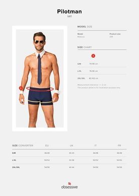 Еротичний костюм пілота Obsessive Pilotman set 2XL/3XL, боксери, манжети, комір з краваткою, окуляри