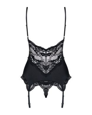 Сатиновий мереживний корсет Obsessive 810-COR-1 babydoll & thong L/XL, чорний, корсет, танга