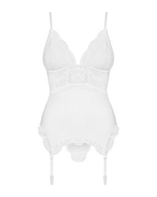 Сатиновий мереживний корсет Obsessive 810-COR-2 babydoll & thong L/XL, білий, корсет, танга