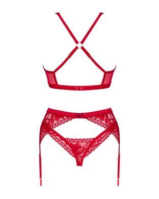 Комплект белья Obsessive Lacelove cupless 3pcs set XS/S Red, бюстгальтер, стринги, пояс для чулок