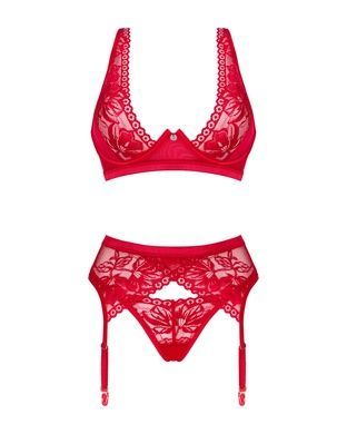 Комплект білизни Obsessive Lacelove cupless 3-pcs set M/L Red, бюстгальтер, стрінги, пояс для панчіх