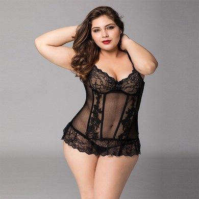 Кружевной корсет JSY &laquo;Сексуальная Белла&raquo; Plus Size Black, мелкая сетка, гипюр, чашки с косточками