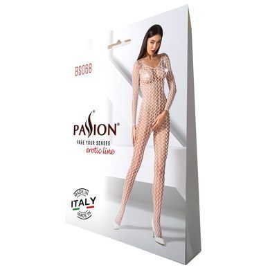 Бодистокинг Passion BS068 white, комбинезон, крупная сетка, длинный рукав One Size