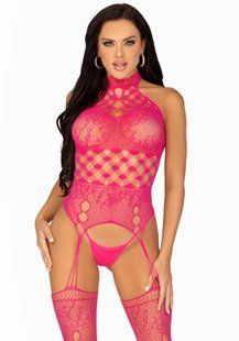 Кружевной бодистокинг с открытым доступом Leg Avenue High neck lace bodystocking One size Raspberry