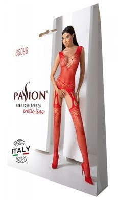 Бодистокинг с плетением на груди Passion BS099 One Size, red, открытый доступ, имитация подвязок