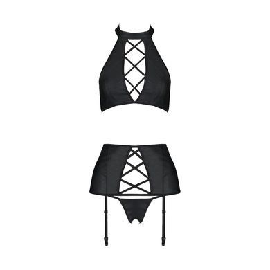 Комплект из экокожи Passion NANCY SET 6XL/7XL black, имитация шнуровки, топ, пояс для чулок