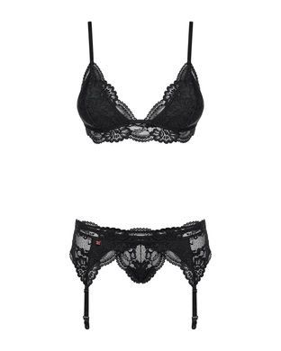 Мереживний комплект білизни Obsessive 810-SEG-1 S/M Black, бюстгальтер, стрінги, пояс для панчіх