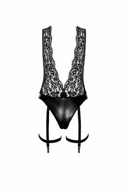 Боді Noir Handmade F297 Libido Deep-V bodysuit with collar, pearl chain and garter - S