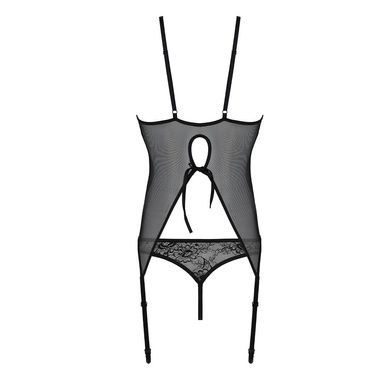 Корсет с пажами, трусики с ажурным декором и открытым шагом Passion URSULA CORSET S/M, black