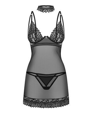 Пеньюар Obsessive Donarella chemise & thong, M/L, кружевной лиф, чокер и стринги в комплекте