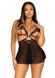 Пеньюар бебі-дол з відкритими чашками Leg Avenue Lace and mesh babydoll & panty Black M, стрінги