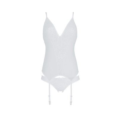 Корсет с пажами, трусики с ажурным декором и открытым шагом Passion URSULA CORSET L/XL, white