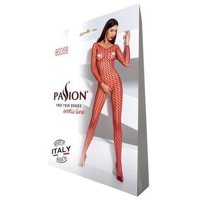 Бодистокинг Passion BS068 red, комбинезон, крупная сетка, длинный рукав One Size