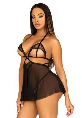 Пеньюар бебі-дол з відкритими чашками Leg Avenue Lace and mesh babydoll & panty Black L, стринги