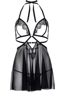 Пеньюар бебі-дол з відкритими чашками Leg Avenue Lace and mesh babydoll & panty Black L, стринги