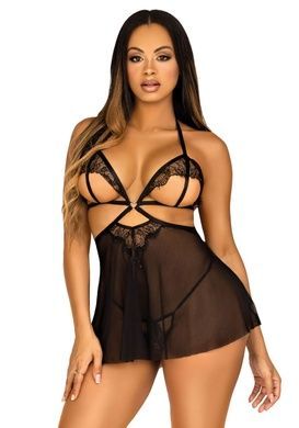 Пеньюар бебі-дол з відкритими чашками Leg Avenue Lace and mesh babydoll & panty Black L, стринги