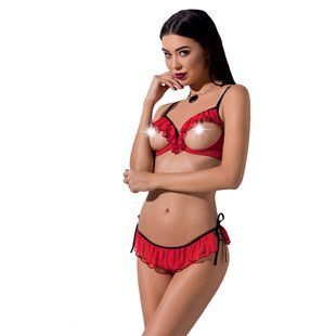Комплект білизни Passion Exclusive CHERRY SET OpenBra L/XL, red, відкритий ліф, трусики-спідничка