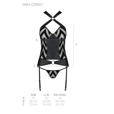 Сетчатый комплект с узором Passion HIMA CORSET L/XL, black, корсет с халтером, подвязки, трусики