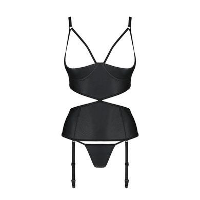 Корсет з відкритими грудьми Passion JANNIES CORSET XXL/XXXL black, стрінги в наборі