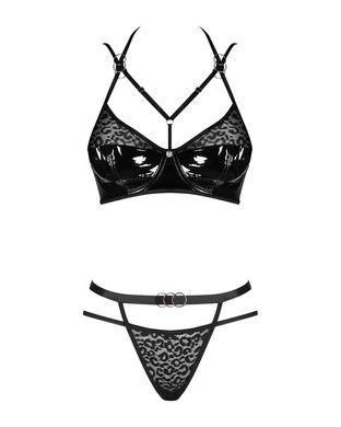 Еротичний комплект під латекс зі стрепами Obsessive Bagirela 2-pcs set L/XL, чорний, під леопард, бю