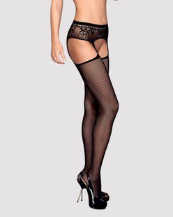 (SALE) Сітчасті панчохи-стокінги з мереживним поясом Obsessive Garter stockings S307 XL/XXL, чорні, імітаці