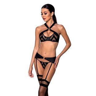 Сетчатый набор с узором, бюстгальтер, трусики, пояс для чулок Passion HIMA SET L/XL black