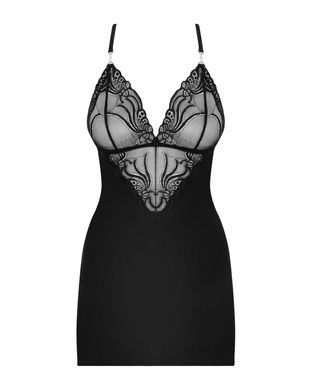 Сатиновый комплект для сна с кружевом Obsessive 828-CHE-1 chemise & thong S/M, черный