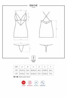 Сатиновий комплект для сну з мереживом Obsessive 828-CHE-1 chemise & thong L/XL, чорний, Пеньюар