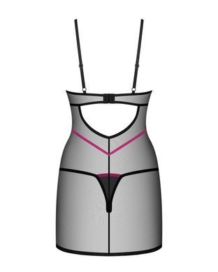 Пеньюар Obsessive Novenes chemise & thong, XL/2XL, чорний, прозорий, зі стрепами, стрінги в компле