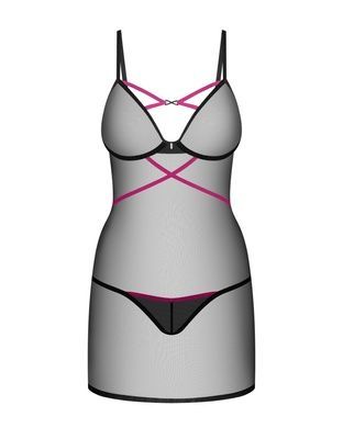 Пеньюар Obsessive Novenes chemise & thong, XL/2XL, чорний, прозорий, зі стрепами, стрінги в компле