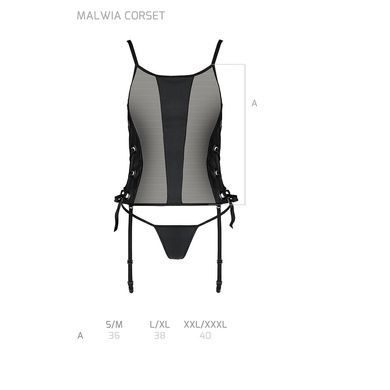 Сетчатый корсет с люверсами и съемными пажами Passion MALWIA CORSET 2XL/3XL black, эко-кожа, стринги