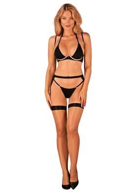 Комплект білизни Obsessive Selinne 3-pcs set XL/2XL Black, бюстгальтер, стрінги пояс для панчіх