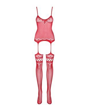 Бодистокинг Obsessive Bodystocking F214 red S/M/L, имитация корсета и чулок на подвязках
