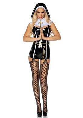 (SALE) Вініловий костюм черниці Leg Avenue Sinful Sister XS, комбінезон, комір, пояс, головний убір