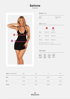 Пеньюар Obsessive Selinne chemise & thong XL/2XL Black, стринги, двойные бретели