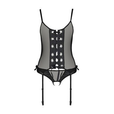 Корсет со шнуровкой Passion NESSY CORSET XXL/XXXL black, стринги с открытым доступом, пажи для чулок