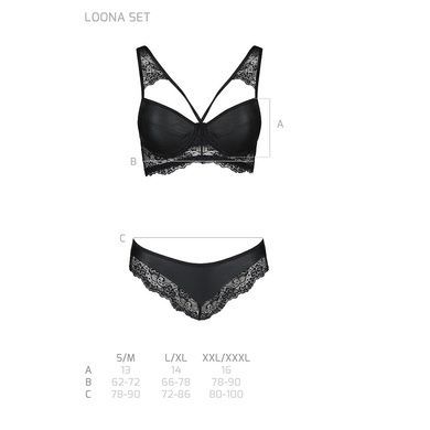 Комплект из эко-кожи с кружевом Passion LOONA SET L/XL, black, бра и трусики