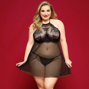 Сорочка бебі-дол JSY &laquo;Пристрасна Ліліт&raquo; Plus Size, Black, халтер, дрібна сітка, мереживо, стрінги