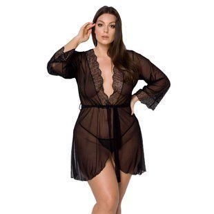 Сексуальний прозорий пеньюар халатик з мереживними вставками Passion Amberly 4XL/5XL чорний