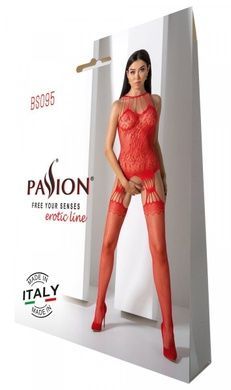 Бодістокінг з безліччю бретелей Passion BS095 One Size, red, імітація пояса та панчіх, з доступом