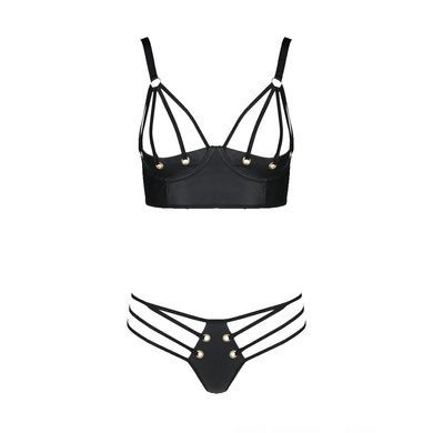 Комплект из экокожи Passion MALWIA BIKINI 4XL/5XL black, с люверсами и ремешками, бра, трусики