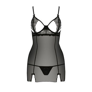 Прозорий пеньюар приталений Passion QUENTRIS CHEMISE L/XL, black, трусики
