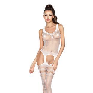 Бодістокінг Passion BS038 white, комбінезон, імітація панчіх і пояса S/M/L