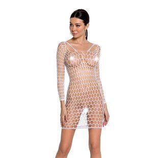 Бодістокінг-сукня з глибоким коміром Passion BS093 white, довгі рукави One size