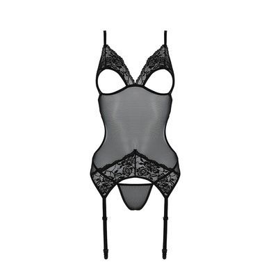 Корсет із підв&rsquo;язками та ажурним ліфом Passion CHRISTA CORSET XXL/XXXL, black, стрінги в комплекті