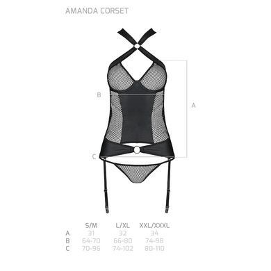 Сетчатый комплект корсет с халтером, съемные подвязки и трусики Passion AMANDA CORSET L/XL, black